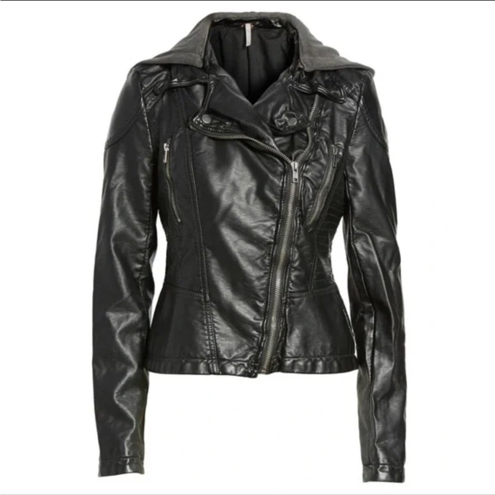 Free People Distressed Vegan Leather Jacket with hood